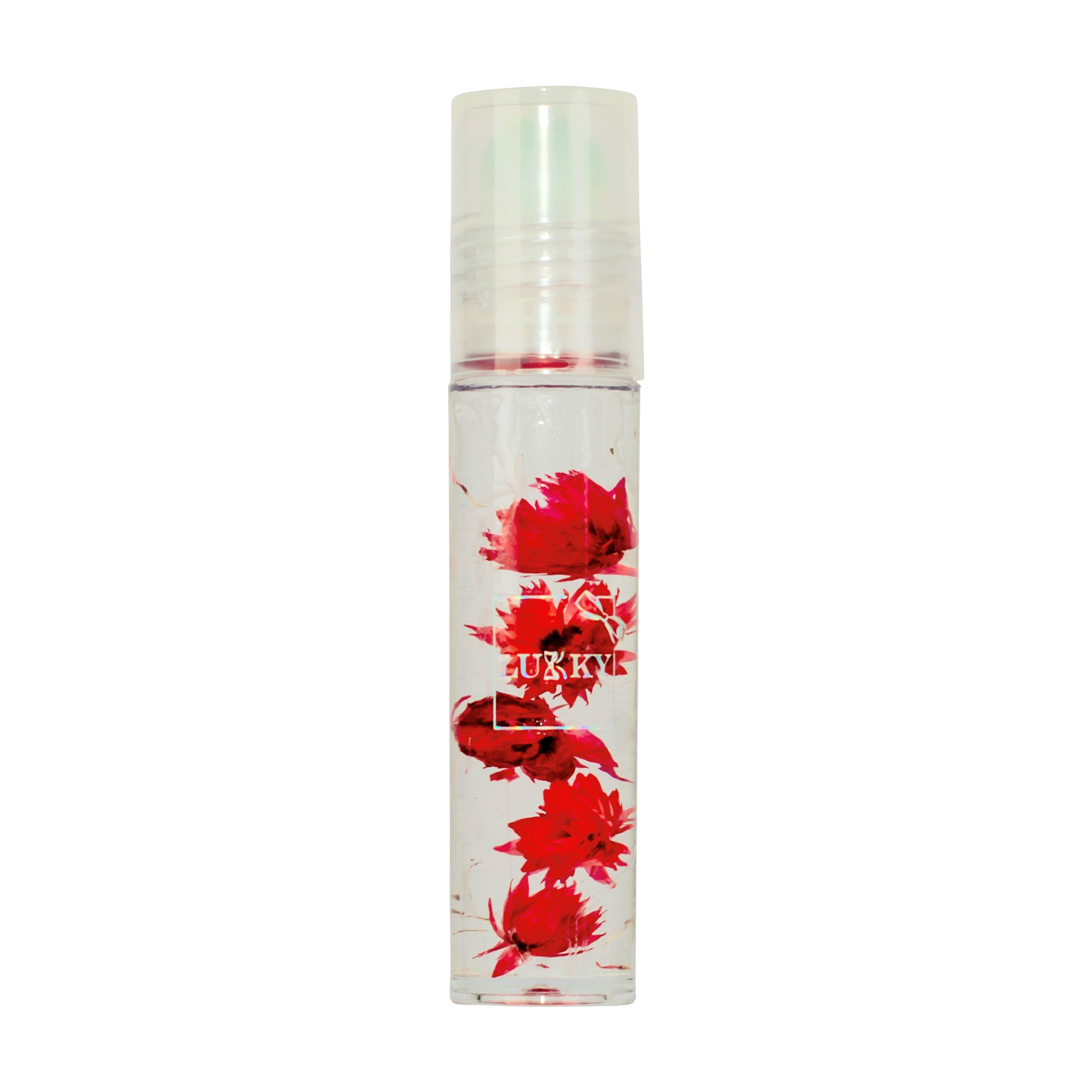 Олія-блиск для губ Lukky Aqua Fleur в ролику, з червоними квітами, 7.5 мл